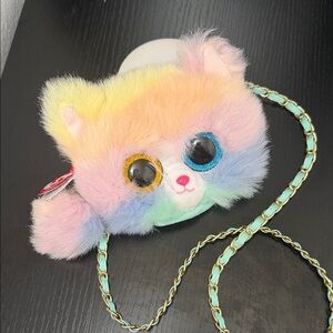 Ty Pastel Rainbow Plush Kitty Crossbody Bag with Mint Chain